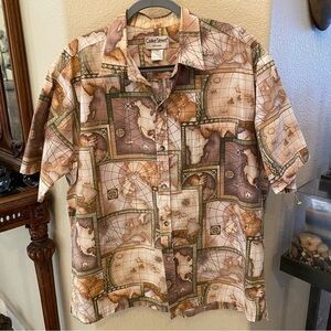Vintage COOKE STREET Men Global Map Earthy Color Button Short Sleeve Top Size XL